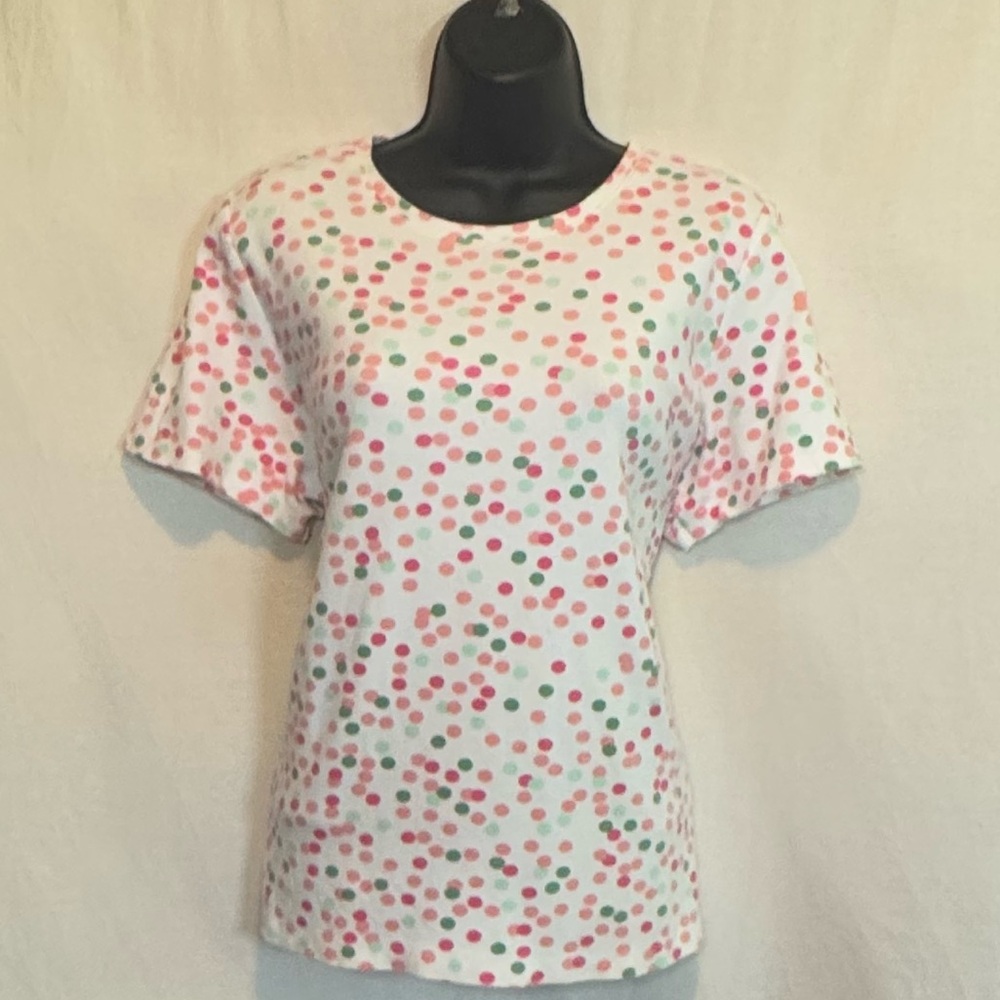 Kim Rogers White with Pink & Green Dots Short Sleeve Blouse Size XL